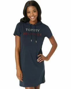 New ✔️ Tommy Hilfiger Dresses Short Sleeve Rhinestone Logo Hoodie👏 Dress ⌛