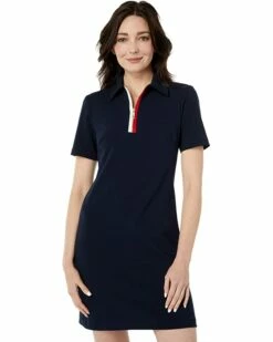 Coupon 👍 Tommy Hilfiger Dresses Short Sleeve Scuba Crepe Zip Front Logo Tape Shift 👍