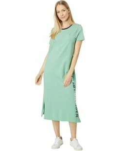 Hot Sale ❤️ Tommy Hilfiger❤️ Dresses Short Sleeve Vertical Logo Midi✔️ Dress ⌛