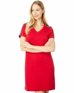 Top 10 👍 Tommy Hilfiger Dresses Solid V-Neck T-Shirt Dress with New Logo Tape 😉