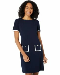 Deals 💯 Tommy Hilfiger Dresses Short Sleeve Scuba Crepe Dress with Pocket Trim 👏