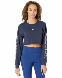 Coupon ✔️ Tommy Hilfiger Sport Shirts & Tops Long Sleeve Cropped Tee w/ Sleeve Graphics and Flag Embroidery 🤩