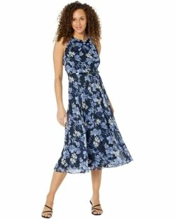 Best Sale ⌛ Tommy Hilfiger Dresses Sleeveless Sussex Floral Chiffon Halter Neck Belted Midi 😉