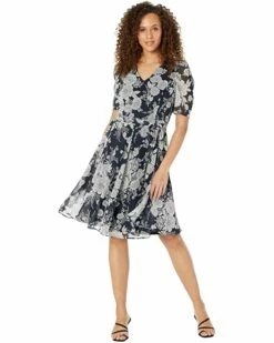 Best Sale ⭐ Tommy Hilfiger👍 Dresses Wallpaper Zinnia Pleated Sleeve Fit-and-Flare ❤️