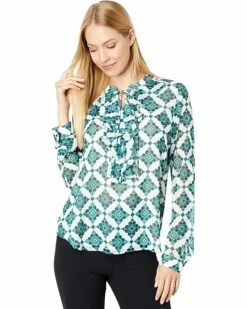 Cheap ⭐ Tommy Hilfiger Shirts & Tops Long Sleeve Geo Ruffle Tie Neck Blouse 🔥