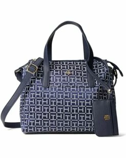 Wholesale 👍 Tommy Hilfiger Handbags Lynn II Convertible Satchel w/ Pouch Square Monogram Jacquard ❤️